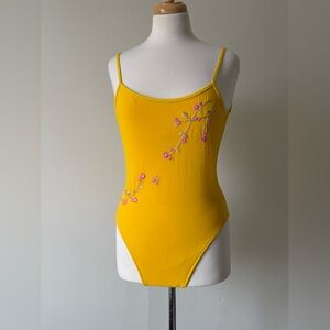 Vintage Oscar de la Renta Embroidered One Piece Swimsuit Yellow Floral Low Back